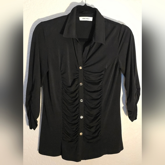 Nine West Tops - Fitted Nine West Black Ruched 3/4 Sleeve Button Down Shirt Size Small Never Worn